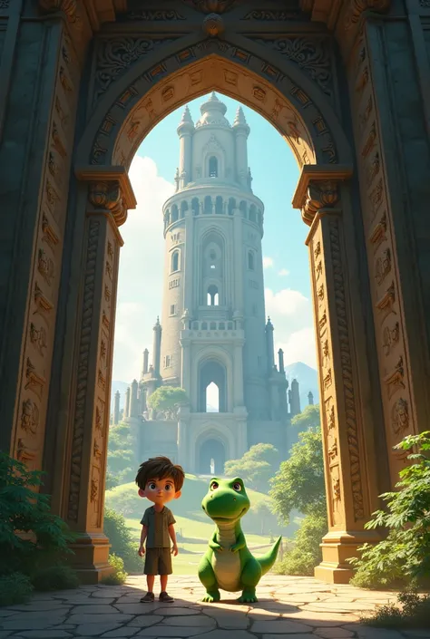  boy and a little green dino at the door of a huge tower