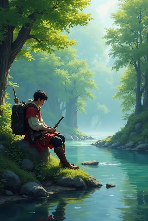 Forest。Riverbank。 An adventurer who sleeps and rests on a rock。 fantasy world adventure。２０Year old Japanese man。Medieval European-style light equipment 。