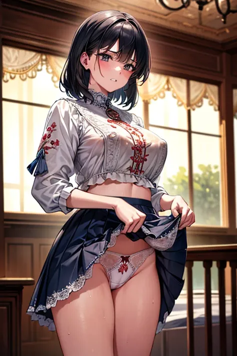 8k、 best quality 、MAXIMUM CLARITY  、  very detailed、Beautiful art、  very detailed、  biologically correct body  、maternal、 super big boobs 、(((   luxurious ruffled and delicately embroidered lace panties that show through the skin through wet clothes)))、 hi...