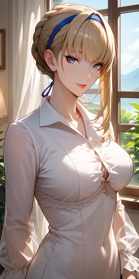 Score_9, Score_8_up, Score_7_up, Source_anime, anime art, anime style, masterpiece, best quality, very aesthetic, 1girl, mature woman, milf, curvaceous, long sleeve shirt, seductive face, standing beside window, home, meropep5x, blonde hair, hairband, brai...