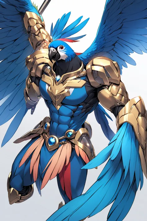  humanoid blue macaw,muscular,without wings, with metallic warrior skirt