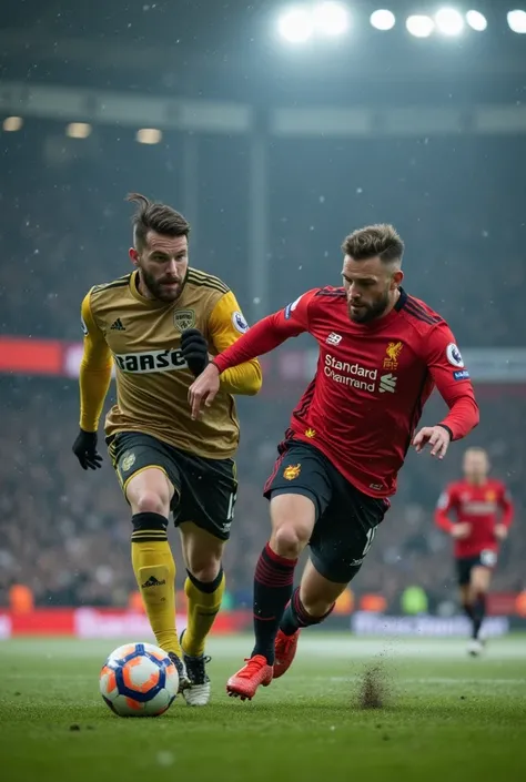 2 adult  male trying to get the ball during football match,, wearing 1 army outfit ,, 1 fireman outfit,, 1 up hair,, 1 clean cut hair,, wembley Stadium,, field,, full of crowds,, perimeter 2 ,, full body,, realistic,, snowy day,, 