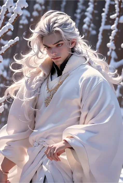 A striking rich prince (boy) in a high-fashion style, standing confidently in a cinematic snowy environment. He has sleek, flowing white hair and wears a luxurious outfit adorned with glimmering chains that reflect the icy light. The atmosphere is serene y...