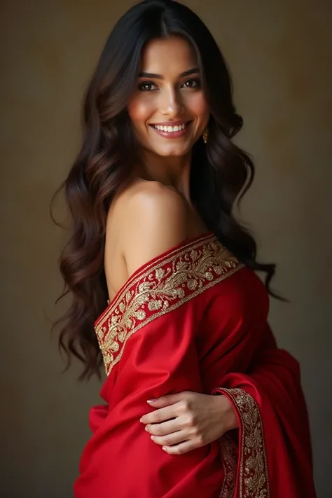 "A beautiful woman with long, dark hair and a bright smile, wearing a stunning red saree with intricate gold embroidery, exuded elegance and poise."half naked 