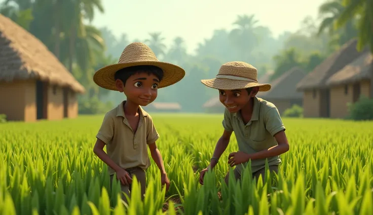     Generate a high quality, realistic seen in cinematic 3d style.
  "A peaceful village with lush fields, where two humble farmers, Harihar and Ramu, work hard with a plow and simple tools. Harihar, with a straw hat and kind smile, tends to his crops unde...