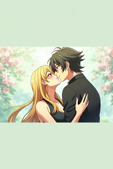 Black-haired, red-eyed man kissing a physically fit woman with long blond hair anime version 