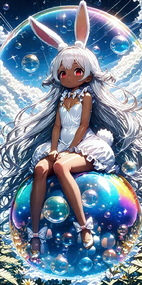 solo,1girl((chibi:1.3),cute,kawaii,(white hair:1.7),(very long hair:1.7),bangs,(ear(fluffy white bunny-ear):1.4),(red eye),big eye,beautiful shiny eye,skin color white,big hairbow,(white frilled dress:1.3),breast,white rabbit tail at hip, (sit on (bubble:1...