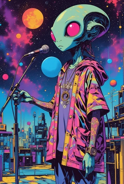   there is a comic book picture depicting an alien musician, Psychedelic hip hop ,  Oil Paintings on Canvas and Aliens ,  by Android Jones Inspired by the painting of a woman with a large head and watch , Psychedelic hip hop ,  android Jones and Chris Dyer...