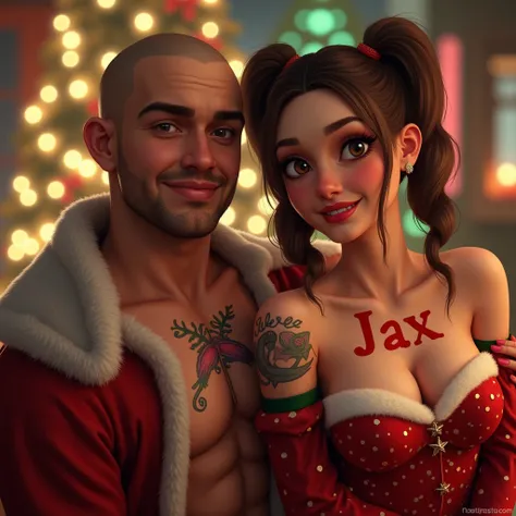 Un homme au crane raser sans barbe en tenue de noel avec un tatouage écrit Jay, accompagner dune femme brune avec des couettes de chaque coter en tenue de noel avec un tatouage écrit Jax 