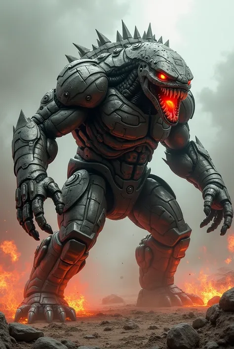 Monster made of metal plates and with red eyes . Is very angry.  runs on four legs and is very tall and wide
side view. He spits liquid metal. He bends forward ,  so that he is on all fours 

