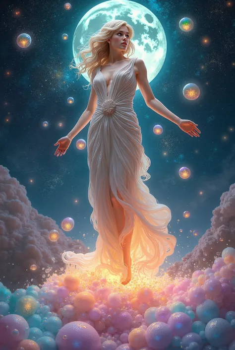 A modern reinterpretation of Botticellis The Birth of Venus, featuring a goddess emerging gracefully from a cascade of magical glowing bubbles. The bubbles are made more prominent, surrounding the goddess in larger numbers and glowing with stronger multico...