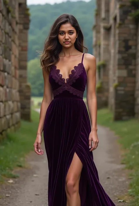  Beautiful and sexy European brunette with light green eyes, 22 years, 


seductive look in the eyes, girl wears designer purple velvet dress, castle ruins, full body shot, walking, sardonic smile, purple velvet dress, shoes, piernas desnudas, purple dress...