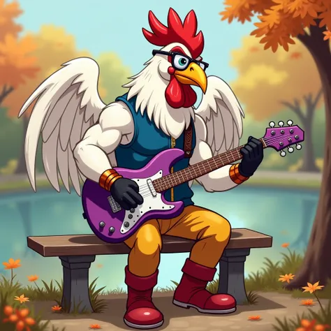 A white muscular winged furry rooster in copper bracelets , wearing red boots , in yellow pants ,  in a blue sleeveless zipped sweater , in black gloves, with glasses in front of his eyes, he sits on a bench by the autumn lake playing a purple guitar in ca...