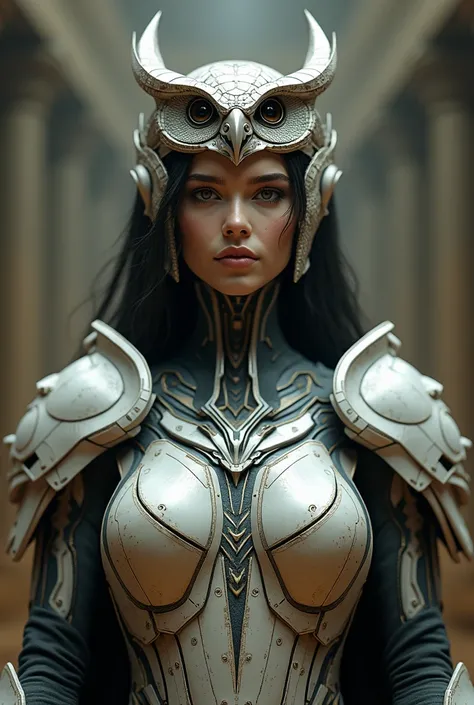 The goddess of the glorious dead, head to breast, owl tiara, highly advanced, ultra thin, roman centurion armor, highly technologically advanced and cybernetically enhanced. High Resolution, Masterpiece, Award Winning, Best Quality, High Details, High Qual...