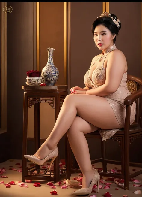 araffe woman sitting on a chair in a room with rose petals, alluring plus sized model, elegant seducing pose, full body xianxia, chinese woman, gorgeous chinese model, chinese girl, asian woman, seductive seated pose, elegant posed, an asian woman, beautif...