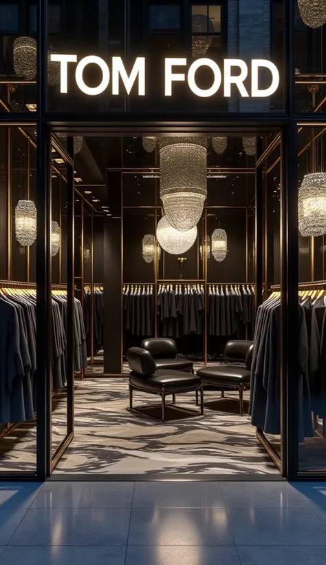 A futuristic luxury apparel shop inspired by the elegance and modernity of Tom Fords design aesthetics. The store is housed within a sleek glass structure, glowing at night with subtle lighting that highlights its sophisticated atmosphere. The interior fea...