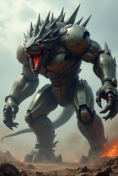 Monster made of metal plates and with red eyes . Is very angry.  runs on four legs and is very tall and wide
side view. He spits liquid metal. He bends forward , So that he is on all fours and has a back crest and a tail

