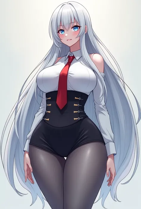  anime girl, god, slim,  very huge breasts , Very huge butt, hips, long white hair blue eyes, tights up to the ass.  white shirt,  red tie , black skirt, gray tights