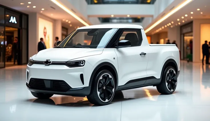 A photo of the front view of a white 2025 Chevrolet Bel air mini pickup, with a sleek, full modified, modern design. The display logo of Chevrolet,The car is parked on a white surface. The background is a shopping mall with white lights. The photo reveals ...