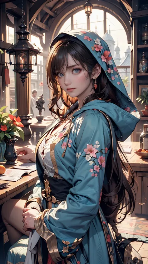 Illustration of Lily Collins wearing a 、Illustration of a medieval dress wearing a hooded jacket with black curly hair、 Detailed , Soft and bright, HD art by Greg Hildebrandt , Liu Shitmer ,  Sezik Stepan , Sanyang, Aikut Aidgudu, Justin Gerard,  Alphonse ...