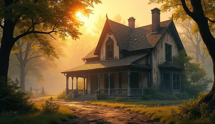 A charming scene featuring A biggest fire destroyed house the sunlight filters through the trees, casting a warm glow on the scene.