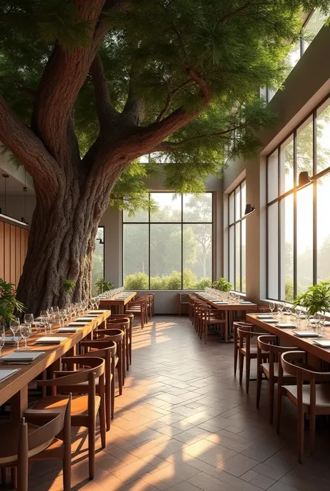 there are many tables and chairs in a room with a large tree, fully detailed render, high detail render, conceptual rendering, detailed render, very detailed render, final render, semi - realistic render, 3 d renders, detail render, restaurant!, architectu...