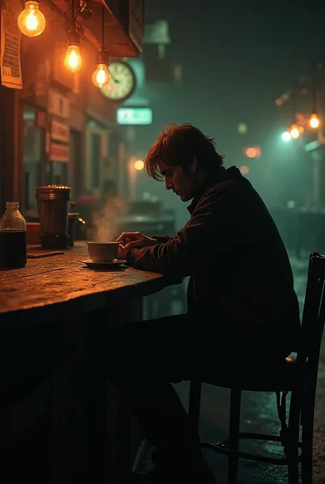 POV of a person at the bartenders table, looking ahead at the empty bar and accompanied by warm coffee for a cold night.