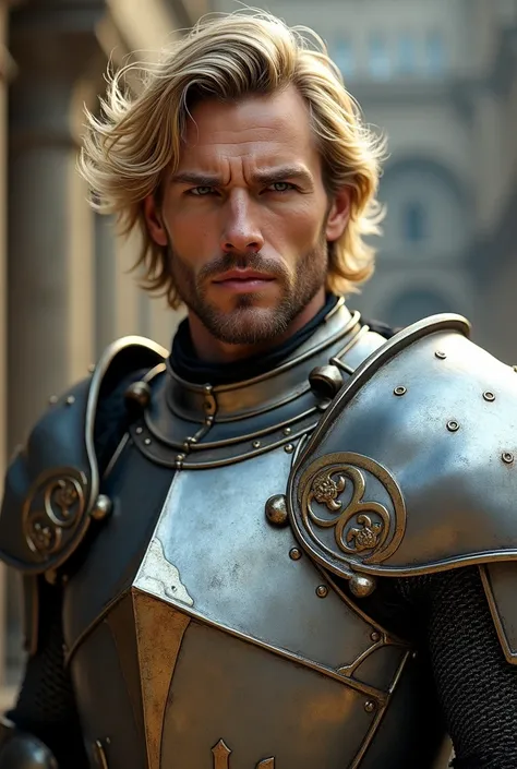 Male Knight, savior of the world and humanity, in armor,  medium length hair,  hair color blond , bristle, 4K,  high resolution