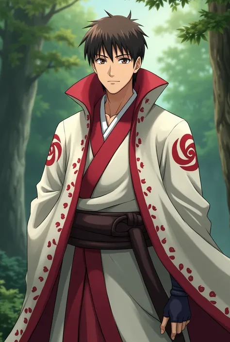  Make a male character with Hokage clothes from the anime Naruto, Do with straight short brown hair and dark brown eyes 