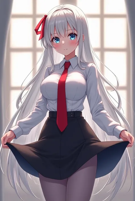  anime girl, god, slim,  very huge breasts , Very huge butt, hips, long white hair blue eyes, tights up to the ass.  white shirt,  red tie , black skirt, gray tights.  The shirt is unbuttoned and you can see her red bra, and under her skirt you can see her...