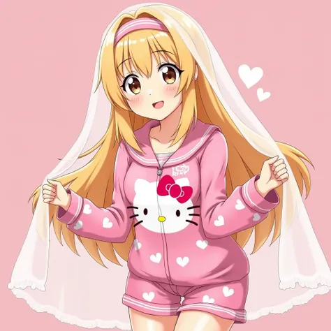 Character Mahiru Shiina ,  , a beautiful and charming girl ,  sweet smile ,  lavish luxury homes all over pink,  character with long golden hair and light brown eyes,large luxury rooms all over pink ,  wears hello kitty pajama suit Pink color , 1girl,  mos...