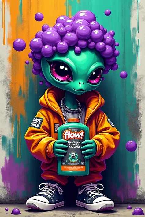 Create a vibrant graffiti-style design featuring a hip-hop-inspired alien from the torso up, dressed in bold urban streetwear. The alien should be holding a shampoo bottle in its hands, with the word "Shampoo" clearly visible on the bottle. On the alien’s ...