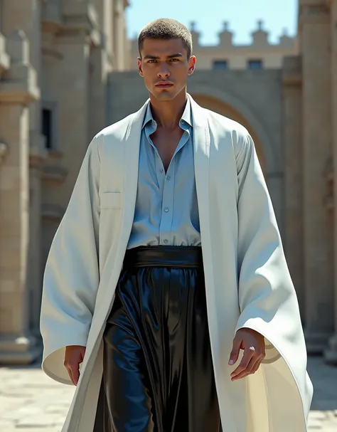 Elegant man,  strong structure , White robe ,  shiny black Arabic pants,  Nabila light blue blouse, white footwear, Light black hair with ,  Nazra Reza , short hair,  dark blue eyes ,  Mazhar Nabil , Old castle,  middle frame .