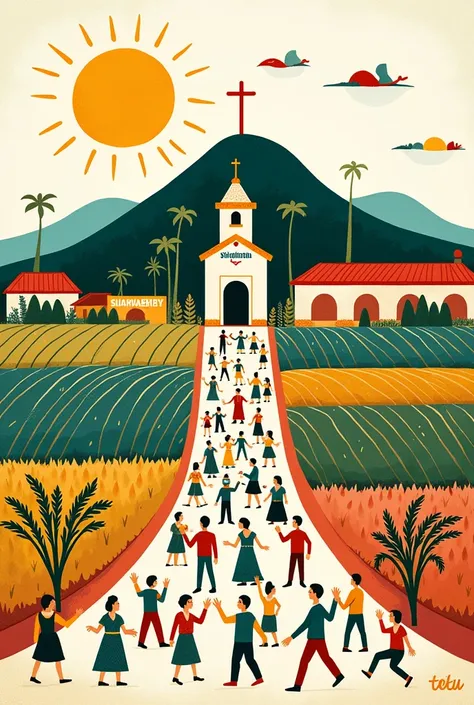 The image is a s drawing depicting a scene that appears to be a representation of a community or village, possibly with religious or cultural significance.  Heres a breakdown of what I can interpret:
 
- Top Left: A sun is drawn, with the word "Sunday" wri...