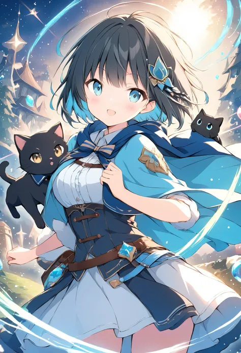 Lightline illustration 、Rakitune, Fantasy World 、 adventurer girl in a blue cape 、 Short Hair 、 black hair、Blue hair ornament、Black cat on her shoulder 、Light effects、Fluffy work 