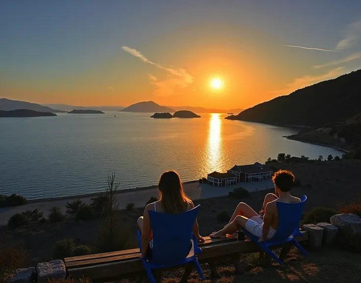 Make these two people in the image sit looking at a high viewpoint instead of the sea