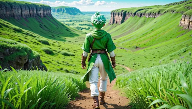 8K high resolution images  ,   realist, Green clothes、  green hair、  white pants、wear、  Dragon Quest  、Walking through the prairie 、 green hair、  young male hero walking on the prairie、 rear view、 I can see a cave in the distance