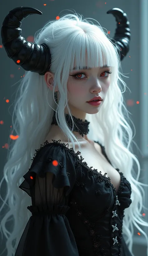 with white hair, Beautiful like a fairy, A sweet expression that arouses affection, side surface, floating hair, light particles, glare, lively, chic, dreamlike, a dark atomic sphere, ((Vampire Girl)) (( Vampire Princess)) ((Dark Fantasy)) ((red eyes)) ((m...