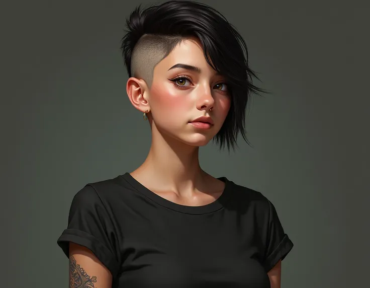 girl, 16 yars old, arm tattoo, t-shirt, short hair, skinfade shaved hair