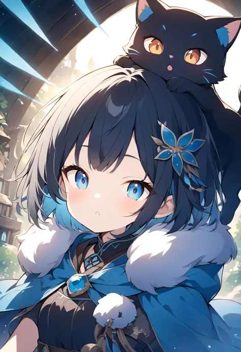 Lightline illustration , Fantasy World 、 adventurer girl in a blue cape 、 Short Hair 、 black hair、Blue hair ornament、Black cat on her shoulder 、Light effects、Fluffy work 