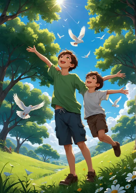 **Prompt**: "An 8K resolution cartoon-style image of a young boy standing outside, looking up with a joyful expression as he watches the white bird soaring high in the sky. His face is filled with happiness and contentment, his eyes sparkling with a sense ...