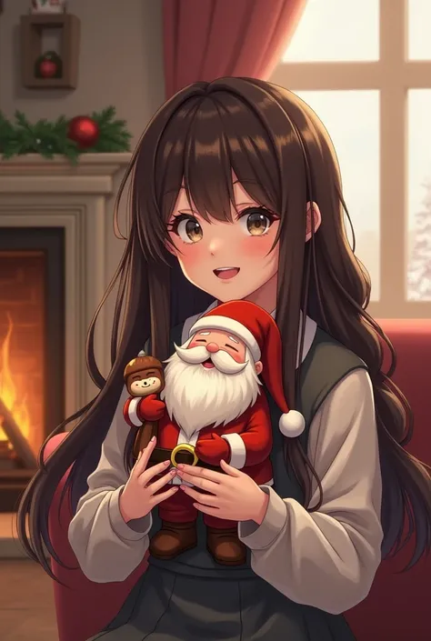 A  with long hair holding a chocolate Santa Claus in his hand