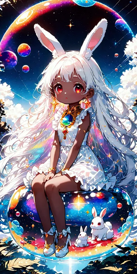 solo,1girl((chibi:1.3),cute,kawaii,(white hair:1.7),(very long hair:1.7),bangs,(ear(fluffy white bunny-ear):1.4),(red eye),big eye,beautiful shiny eye,(((skin color white))),big hairbow,(white frilled dress:1.3), (sit on (bubble:1.3)(huge,gigantic,beautifu...