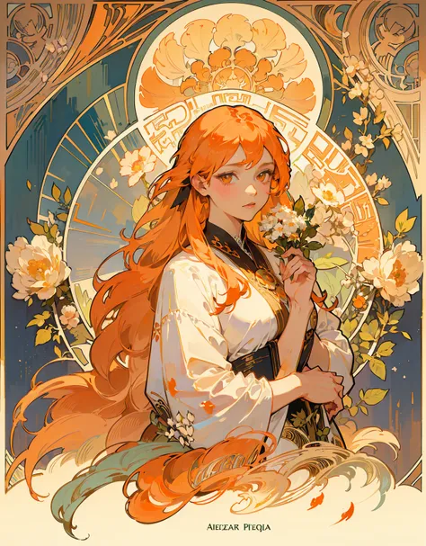 masterpiece, Art Deco, long  orange hair, wavy ,queen, upper body, flower frame, decorative panel,   Alphonse Mucha, color splash,rose,Wolf