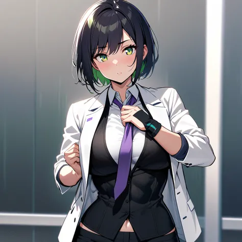 Female  ,curvy , Athletic body, abs , tall,   white suit shirt , violet tie, short hair ,black short vest,  front view  , open vest,  médium  body , green eyes, adjusting her tie, white shirt