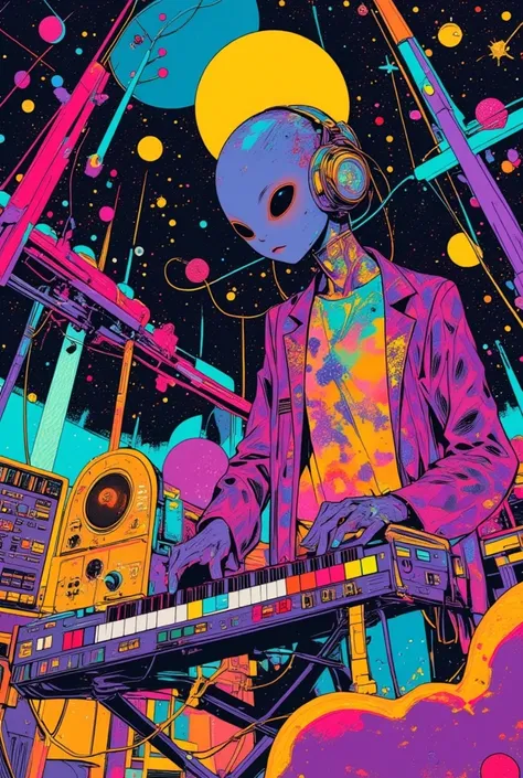   there is a comic book picture depicting an alien musician, Psychedelic hip hop ,  Oil Paintings on Canvas and Aliens ,  by Android Jones Inspired by the painting of a woman with a large head and watch , Psychedelic hip hop ,  Android Jones and Chris Dyer...