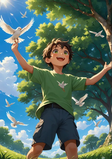 **Prompt**: "An 8K resolution cartoon-style image of a young boy standing outside, looking up with a joyful expression as he watches the white bird soaring high in the sky. His face is filled with happiness and contentment, his eyes sparkling with a sense ...