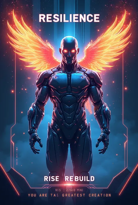 Design a striking and futuristic poster featuring a towering cybernetic figure with glowing, metallic armor. The figure should embody determination and resilience, with a robotic face that merges human and machine features. Replace the lion imagery with a ...