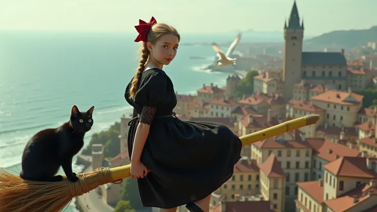 An photo of a teenage girl sabrina in a black dress with a red bow on her head. She is sitting on a yellow broomstick flying in the sky. Sabrina is looking back at the viewer. There is a black cat sitting on the broomstick. The cat has a black face with wh...