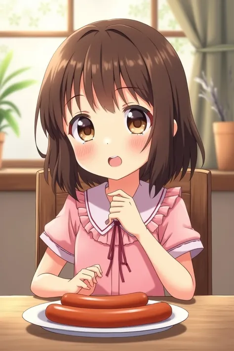  Anime style . A five-year-old girl with brown hair in a pink short dress is eating sausages